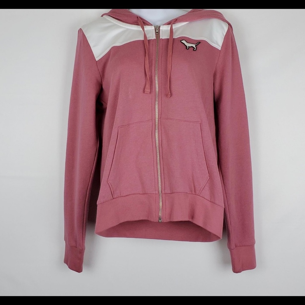 Pink zip up floral hoodie.